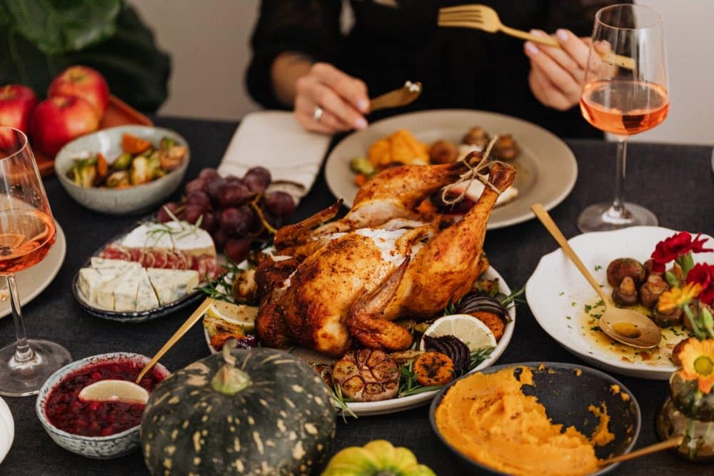 roasted turkey on white ceramic plate